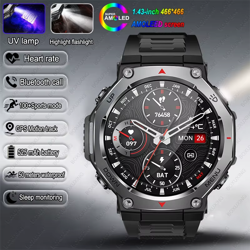 New Military Outdoor Sports Smart Watch GPS Motion Track 5 ATM Waterproof Heart Rate HD Bluetooth Call Smartwatch Men for Xiaomi